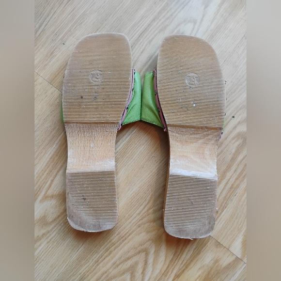 Lilly Pullitzer Vintage Green Leather Wooden Sandals Mules Floral Italy Size 10 - Picture 10 of 10